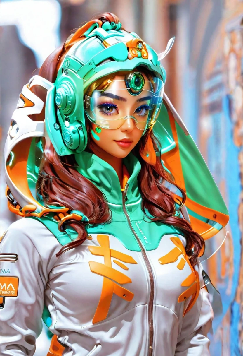  Latina or 24 years of age. Nymph characteristics: cute, beautiful eyes, glass digital face shield, eyes goggles, cyber goggles. 