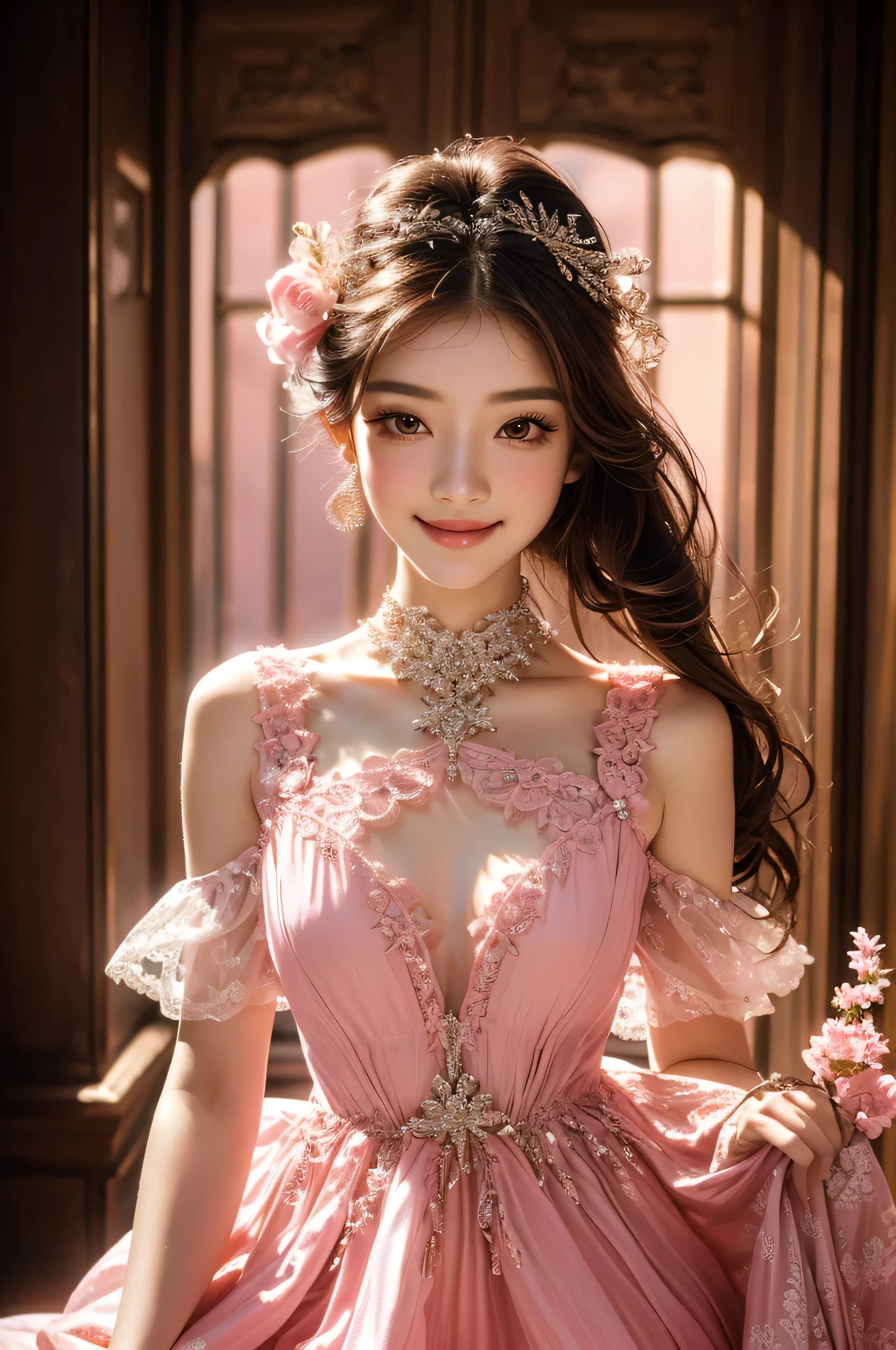 8K, UHD, MAsterpiece, best quality, 1 girl, (realistic face), very long hair, small breasts, decorated dress, very beautiful ornaments dress, pink color, lace, mesh dress, sardine, loops, ipllers, depth of field, light from the front, Light shines into the face, knee short, Face (Excitement, Surprise, Awe)