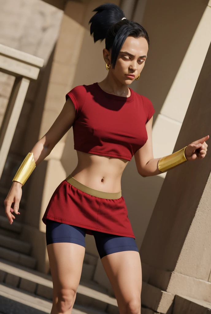 (masterpiece, best quality), 1girl, kale, 1girl, solo, black eyes, black hair, high ponytail, earrings,, red shirt, crop top, short sleeves, wristband, red skirt, bike shorts, vambraces, bracer, miniskirt, shorts under skirt,
