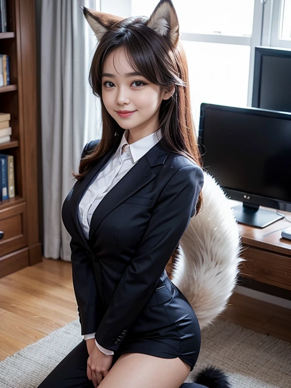 ((Highest quality, 32k)), Perfect Face, Fox Girl, Pretty girl, Office Lady, indoor, Has one tail, She has a northern fox tail, She stretches out her fluffy tail, Beautiful hip line, Thick thighs, She is wearing a business suit, I can see the tail on his butt, A large tail sticks out, On all fours, showing off your tail, She only has one tail, Smiling Kindly