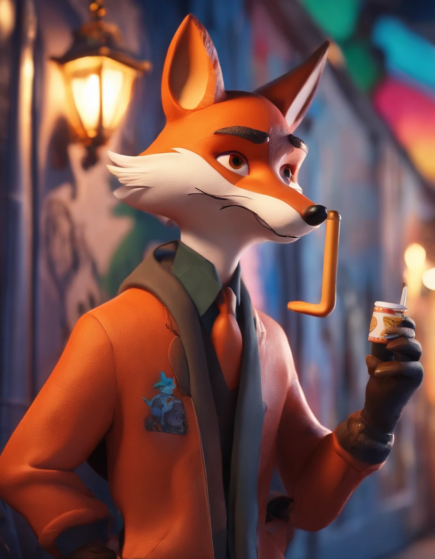 A fox in Disney style with a black hoodie and big mustaches smoking a cigarette in front of a wall full of Street art
