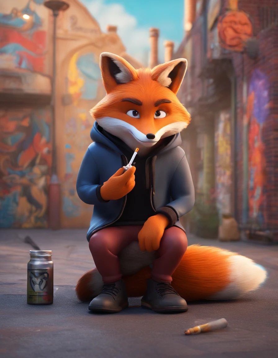 A fox in Disney style with a black hoodie and big mustaches smoking a cigarette in front of a wall full of Street art