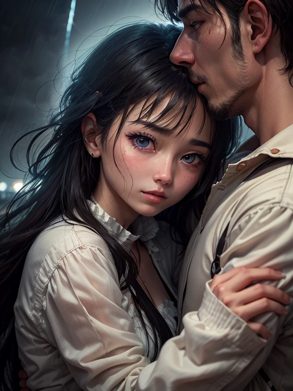 During a violent storm, a woman hug a man, as together they watch dark sky. In the midst of the chaos, they feel a calm, comforting presence. 
Detail face, detail eyes, double eyelid