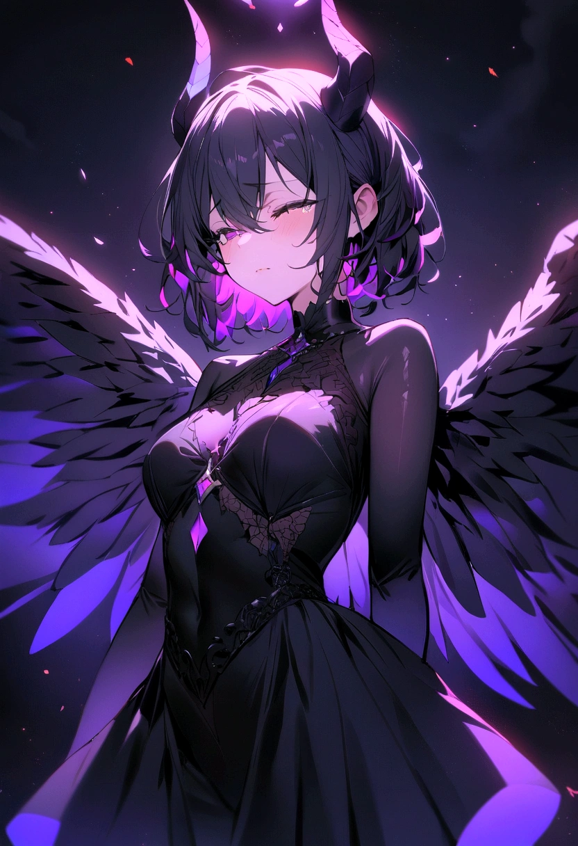 (masterpiece:1.1), (best quality:1.1), (Vibrant colors:1.1), (Solitary:1.2), (1 Girl:1.0), (weightlessness，Inverted posture)，Close your eyes，Tears，((Broken lens)), (stocking:1.0), (（Black feather wings）), (Devil&#39;s Horns:1.0)，night