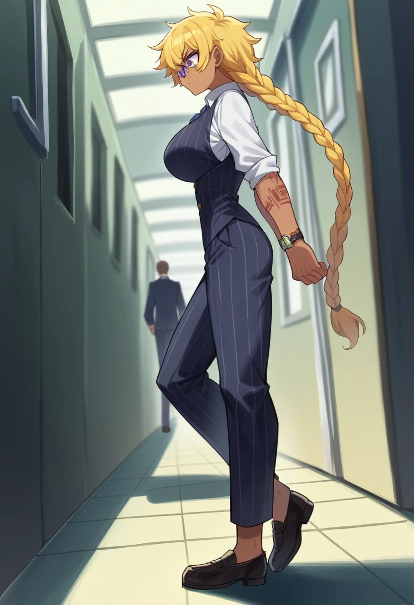 a woman, tanned skin, by Rubio, a hairstyle with two long braids that fall over her shoulders, with straight bangs that cover his forehead, very messy hair, short from above, He wears round-framed purple glasses and has an irritated expression on his face., Yellow hair, big and somewhat angry eyes, purple eyes, small nose, big breasts, skinny body, small waist, thick thighs, Un chaleco de blue striped suit, A white dress shirt with the sleeves rolled up to the elbows, Matching pants with vest, blue striped suit, black dress shoes, watch on the right wrist, Tattoos on forearms, wound, walking epically, Alone, tight clothes, side view, view from below, in the hallway of a train, in a train station,