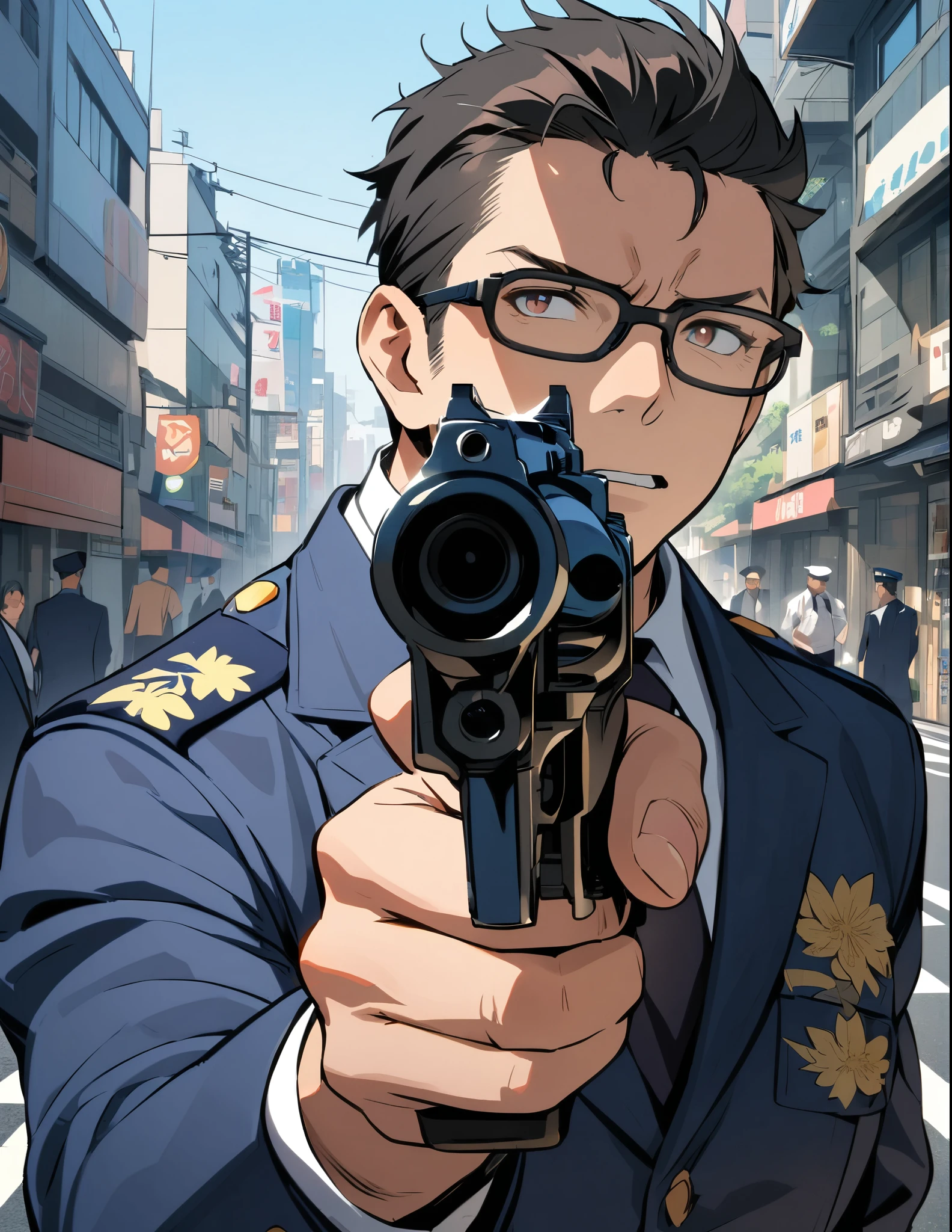 (masterpiece), (best quality), (high res), 1man, middle aged man, age 52, anime style, japanese policeman, suit and tie, police uniform, police captain, police commissioner, (black hair, short hair, fade haircut), hazel eyes, glasses, black-framed eyewear, (lora:perfect hands:1) holding a gun with one hand, 357 magnum revolver), tokyo city street backdrop, solo, solo focus
