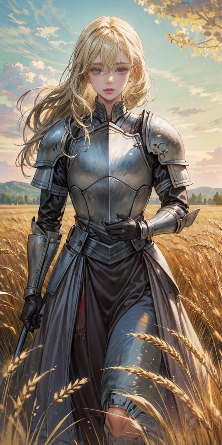 stunning painting of a knight with blonde hair, wheat field, epic clouds, ((painterly)), ((impressionist)), vibrant, soft edges, (((warm glow))),