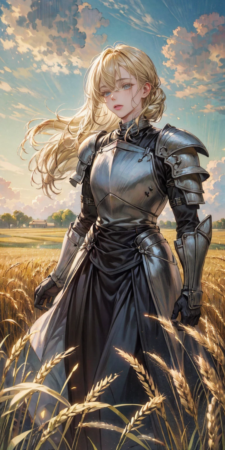 stunning painting of a knight with blonde hair, wheat field, epic clouds, ((painterly)), ((impressionist)), vibrant, soft edges, (((warm glow))),