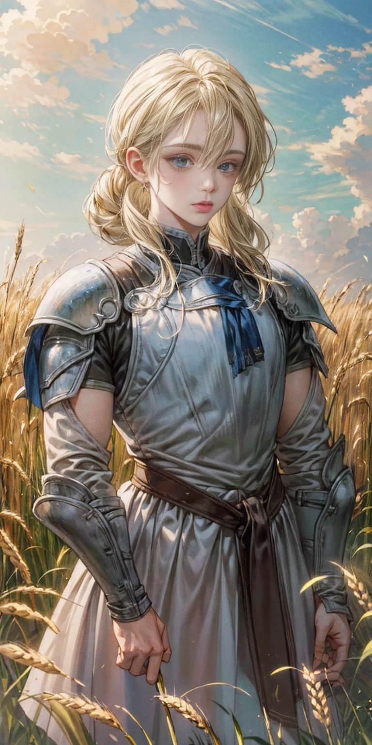 stunning painting of a knight with blonde hair, wheat field, epic clouds, ((painterly)), ((impressionist)), vibrant, soft edges, (((warm glow))),