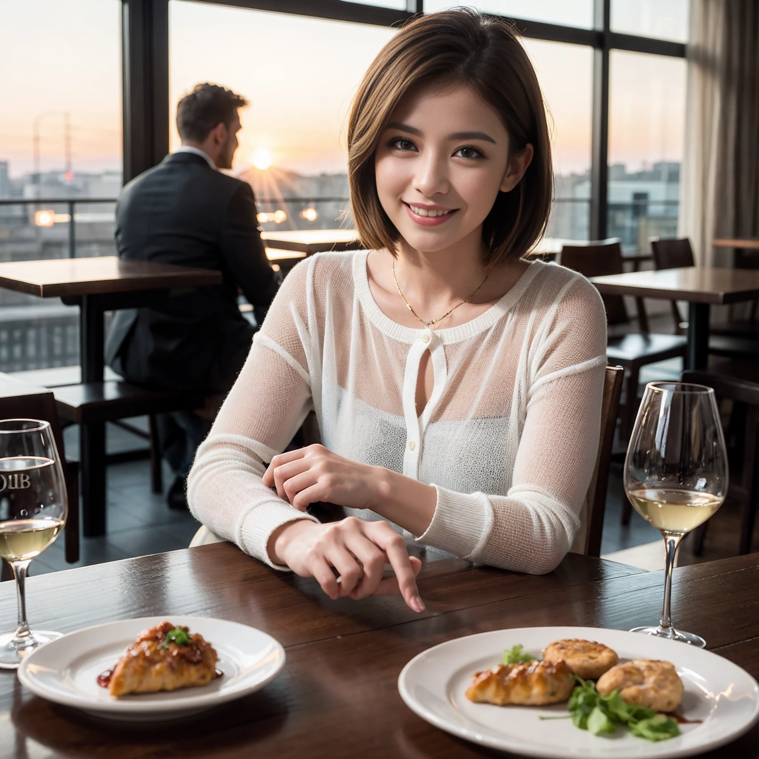 ((Highest quality、8K、masterpiece:1.3))、slimカップル、Pink Lover、modelカップル、(Realistic, Intricate details:1.2), full-course dinner、Wine Party、Amazing view of the sunset sky and clouds、A bright smile、The wonderfulness of smile、Bright image、The beauty of wine, Beautiful Face, blue eyes, The light shines on your face, Blushing, short hair,Bright Face、 (Age 37), 39 years old, red wine 、Appetizers、Italian food、Wine bottle、Champagne、sparkling wine、Two beauties、Brown Hair、Shortcuts、Long sleeve shirt、dress、Beautiful woman 1, (slimな顔), (The body is slim), (Brown Hair), (Shortcuts), cheeks turn a little red,Attractive beauty、restaurant, In a prominent place (From the waist up) Nova Frog Style, actress, model, Upper Body, White wine, slim, wine glass, 中央に置かれたwine glass, smile, (smile: 1.15), Beautiful fine grain, Depth f/2,saturation, High Contrast, Strong light and shadow,Moist Body:1.5、3D texture、Delicate eyes、Brown Hair、The hair is very shiny、