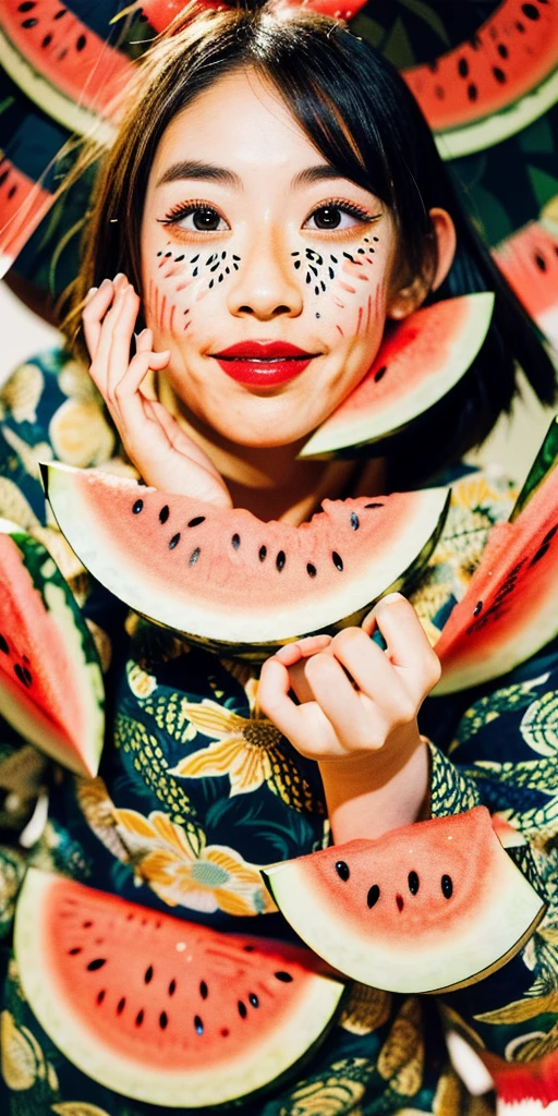 (fireworks), 1girl,(matsuri) (((Watermelon patterned yukata))), , (absurdres, highres, masterpiece), (night), vibrant colors, fluid colors, fine detailed beautiful face, ultra detailed, cowboy shot