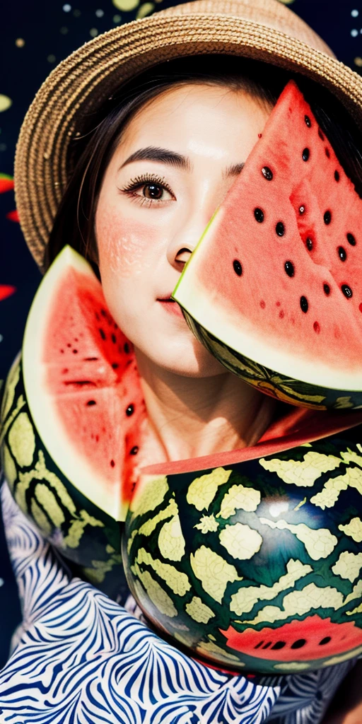 (fireworks), 1girl,(matsuri) (((Watermelon patterned yukata))), , (absurdres, highres, masterpiece), (night), vibrant colors, fluid colors, fine detailed beautiful face, ultra detailed, cowboy shot