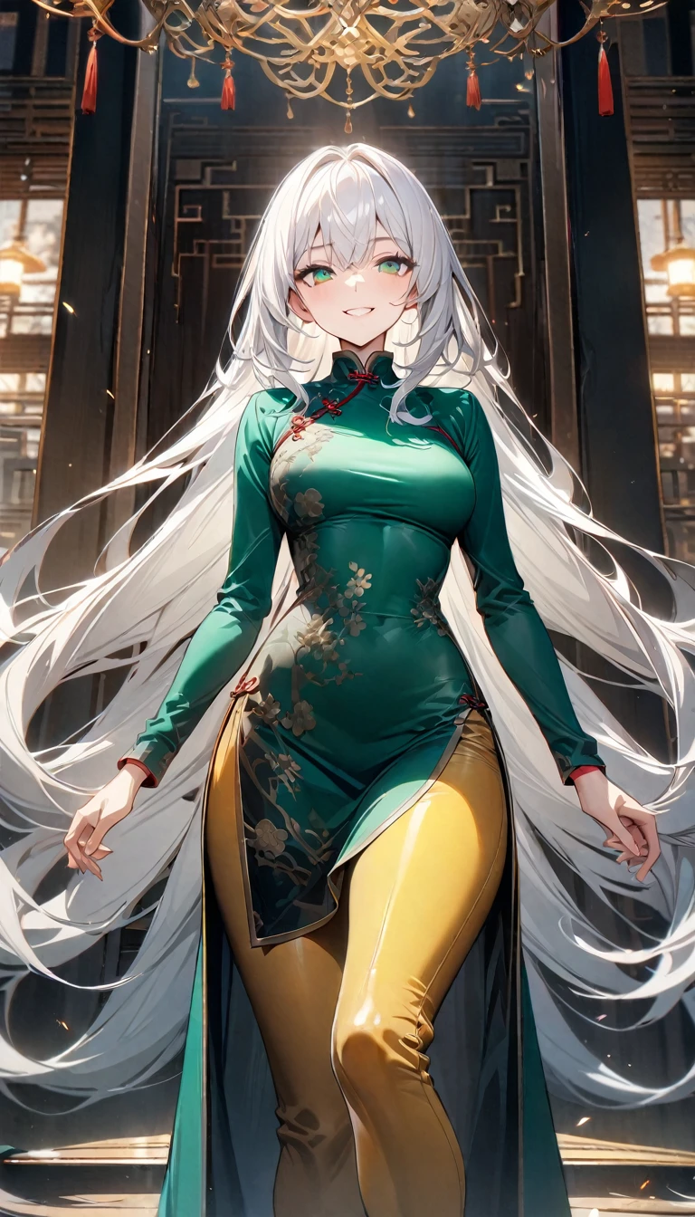 Adult woman, very long white hair, green eyes, tight green chinese dress, golden tight pants, wide neckline, smile, Masterpiece, best quality, Full HD, 8k, ultra details, great graphic