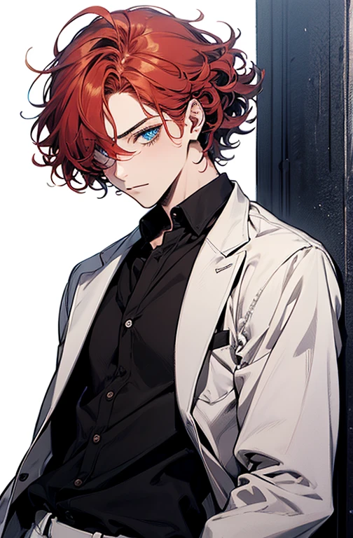 Red-Haired, curly guy with fair skin. heterochromia, one eye is blue, Another brown. dressed in modern clothes, best qualityer