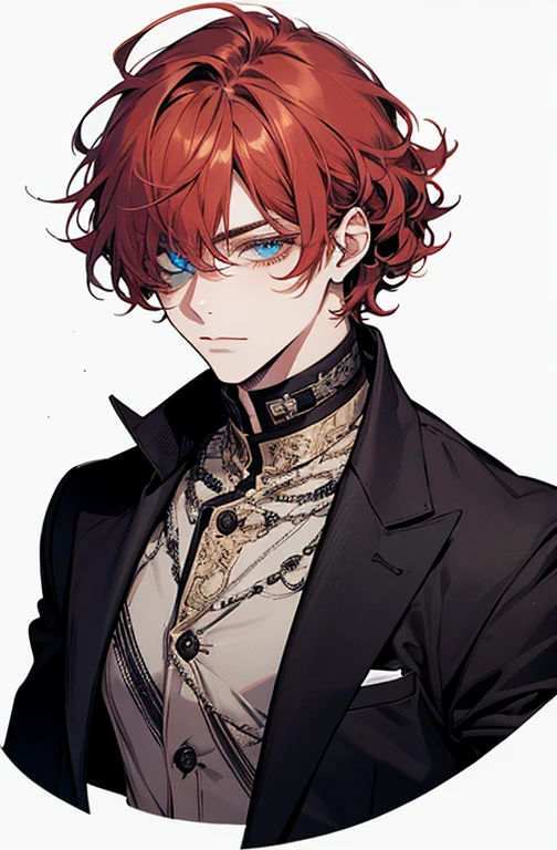 Red-Haired, curly guy with fair skin. heterochromia, one eye is blue, Another brown. dressed in modern clothes, best qualityer