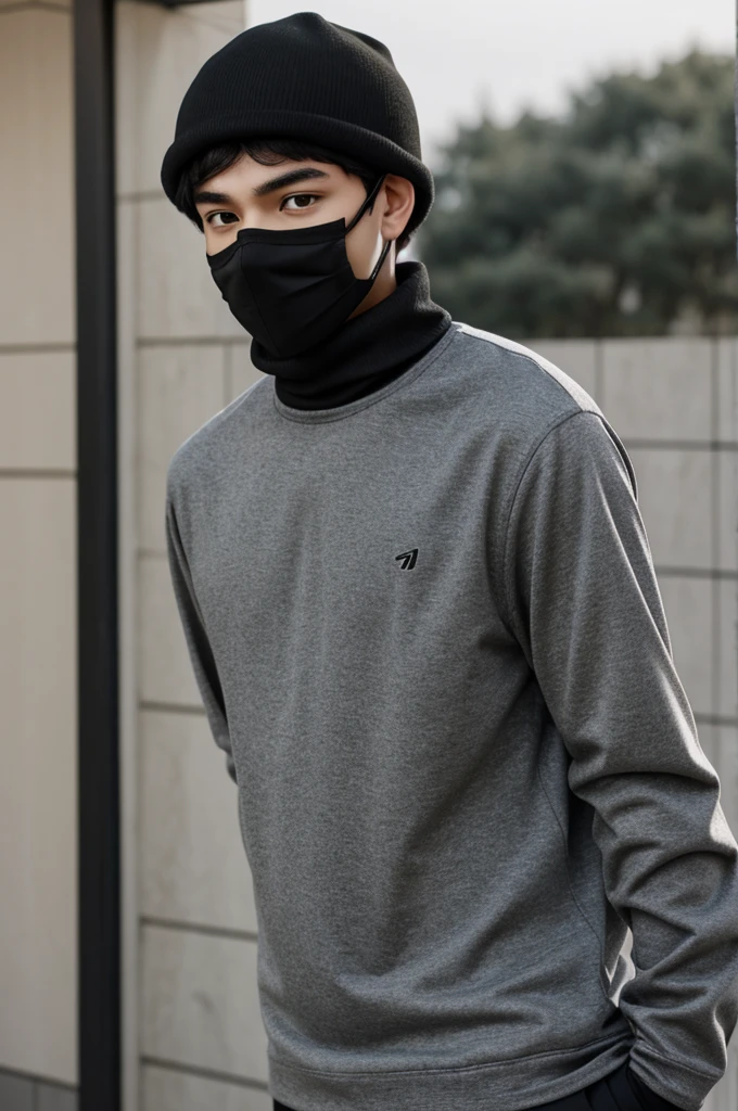 A 17 year old boy with black hair, with black cap with gray touches, with face masks, turtleneck shirt with long sleeves, arms crossed, confused expression, in anime style