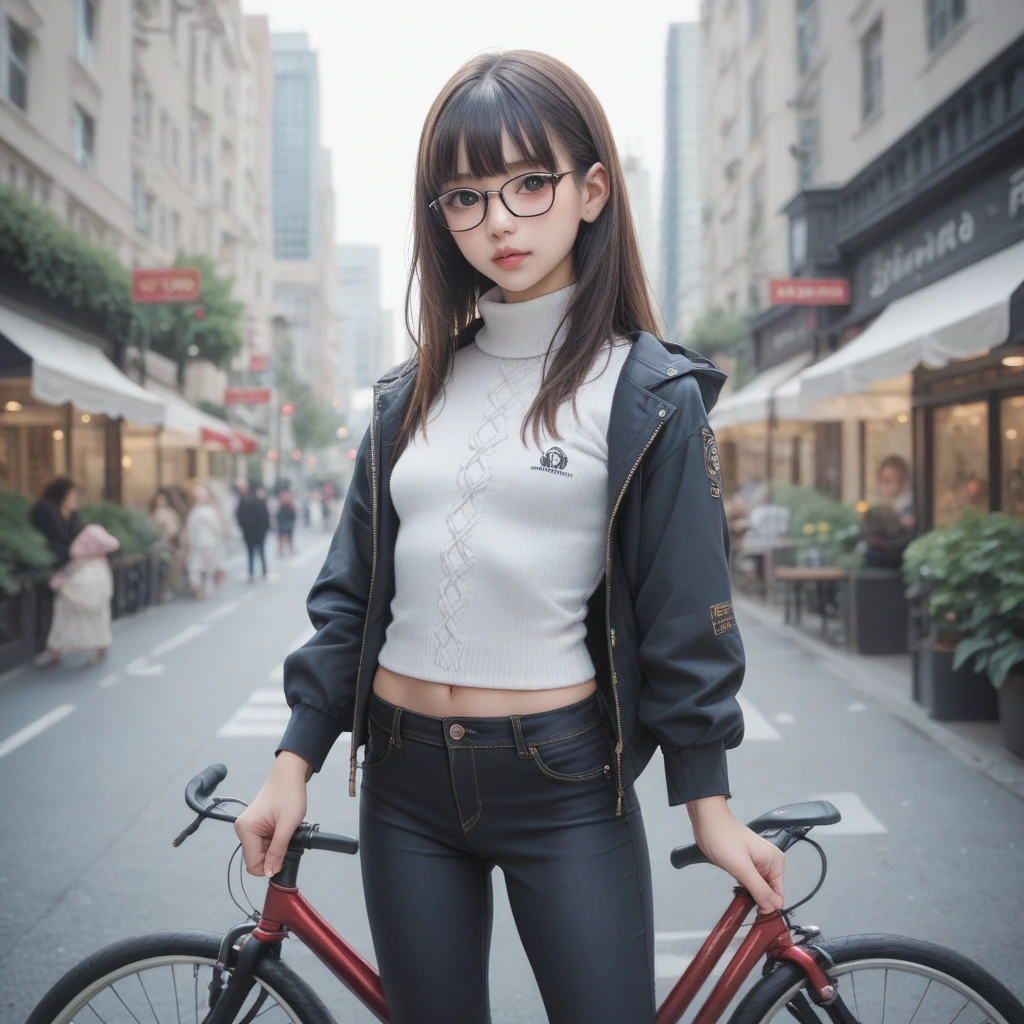 score_9, score_8_up, score_7_up, 1 female. Bangs hairstyle, face. winter clothing, beautiful small breasts, Thick-rimmed glasses. (detailed black rim glasses). 22-years-old beautiful female. Early summer cityscape background. Put the hand on the bicycle handle. beautiful hands. pants. 