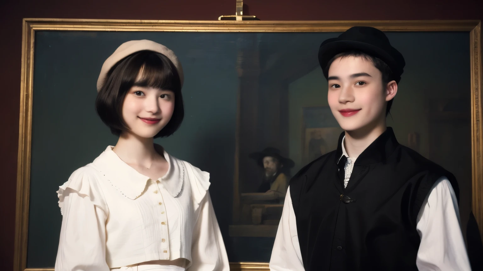 252 (An 18-year-old female and an 18-year-old male), (short hair),kind, lipstick, (Rembrandt-style painting), smile