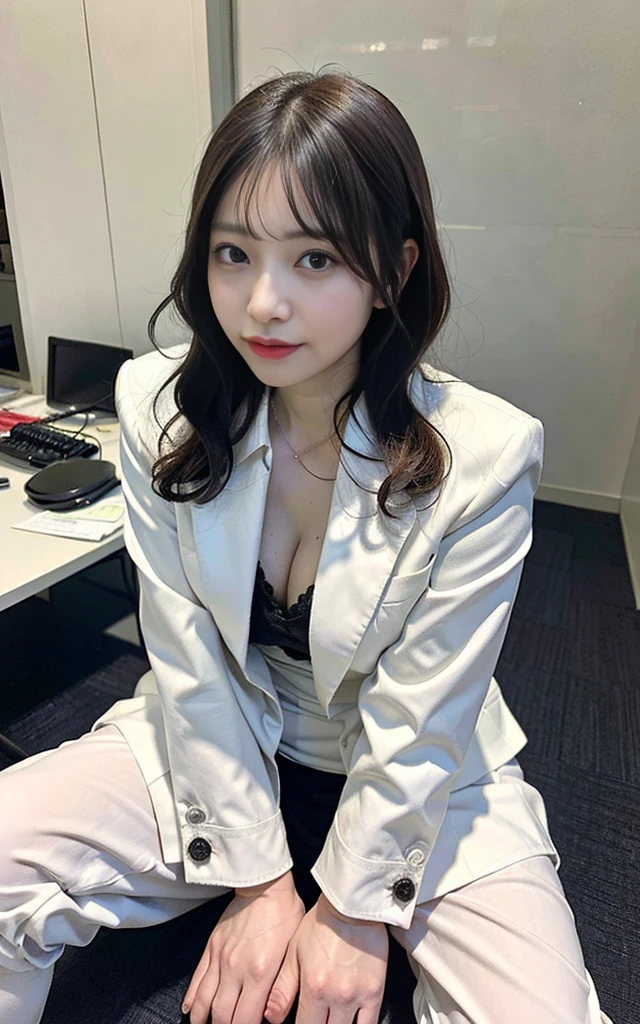 ((best quality, 8K, masterpiece, portrait: 1.3)), (looking at viewer),realistic, sharp focus, glare, Beautiful Japanese Office Lady, Grey Blazer, white shirt, clothes with large cleavage, 35 years old, wavy hair, ((double eyelid, Eyelashes, lip gloss)), (Wrinkles around the eyes:0.6), ((Sit on your office chair with your legs wide apart:2, get down on both knees, show off pubic hair)), (Loose waist:1),((Show your pussy stained panties:1)), (public chair:1.5), (dehisce:0.7), (angry:0.5), ((dehisce:1)), dark nobody office room,