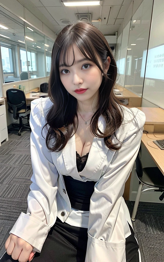 ((best quality, 8K, masterpiece, portrait: 1.3)), (looking at viewer),realistic, sharp focus, glare, Beautiful Japanese Office Lady, Grey Blazer, white shirt, clothes with large cleavage, 35 years old, wavy hair, ((double eyelid, Eyelashes, lip gloss)), (Wrinkles around the eyes:0.6), ((Sit on your office chair with your legs wide apart:2, get down on both knees, show off pubic hair)), (Loose waist:1),((Show your pussy stained panties:1)), (public chair:1.5), (dehisce:0.7), (angry:0.5), ((dehisce:1)), dark nobody office room,