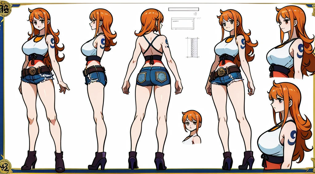 ((Best Quality)), ((Masterpiece)), (((detailed character sheet, frontal view, side view, three quarter view))) white background、one piece、US、whole body、whole bodyイラスト、whole bodyアニメーション、whole bodyリファレンスシート、denim、Tank top、High heels、Swimwear、比基尼、original、New World、Long Hair、Orange Hair、Tattoo on left arm、Ring belt、Heighten your head、smile、Cute face、Big Breasts、Narrow waist、Long legs、Beautiful feet、9 heads