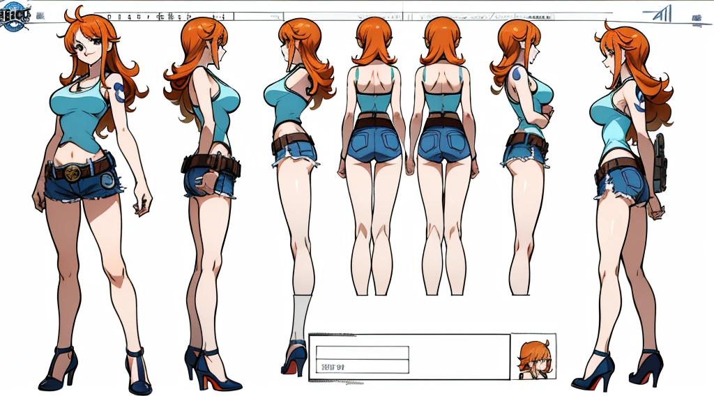 ((Best Quality)), ((Masterpiece)), (((detailed character sheet, frontal view, side view, three quarter view))) white background、one piece、US、whole body、whole bodyイラスト、whole bodyアニメーション、whole bodyリファレンスシート、denim、Tank top、High heels、Swimwear、比基尼、original、New World、Long Hair、Orange Hair、Tattoo on left arm、Ring belt、Heighten your head、smile、Cute face、Big Breasts、Narrow waist、Long legs、Beautiful feet、9 heads
