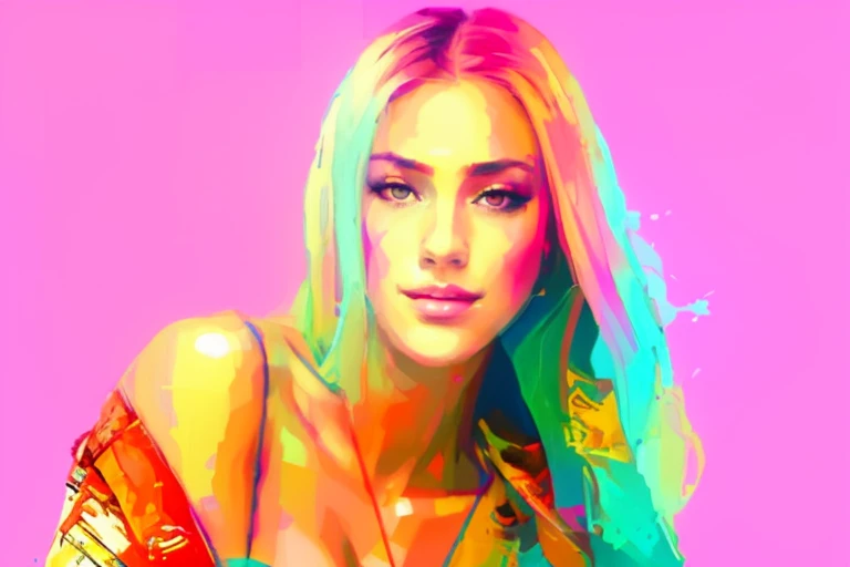 a painting of a sexy woman, nude, attractive, (25 years old), beautiful face, facing the viewer, on a geometric background with square and rectangles, abstract, colorful, a bit blurry, Graffiti por Carne Griffiths, Behance, grafity, chromatic, Artwork, cores vibrantes