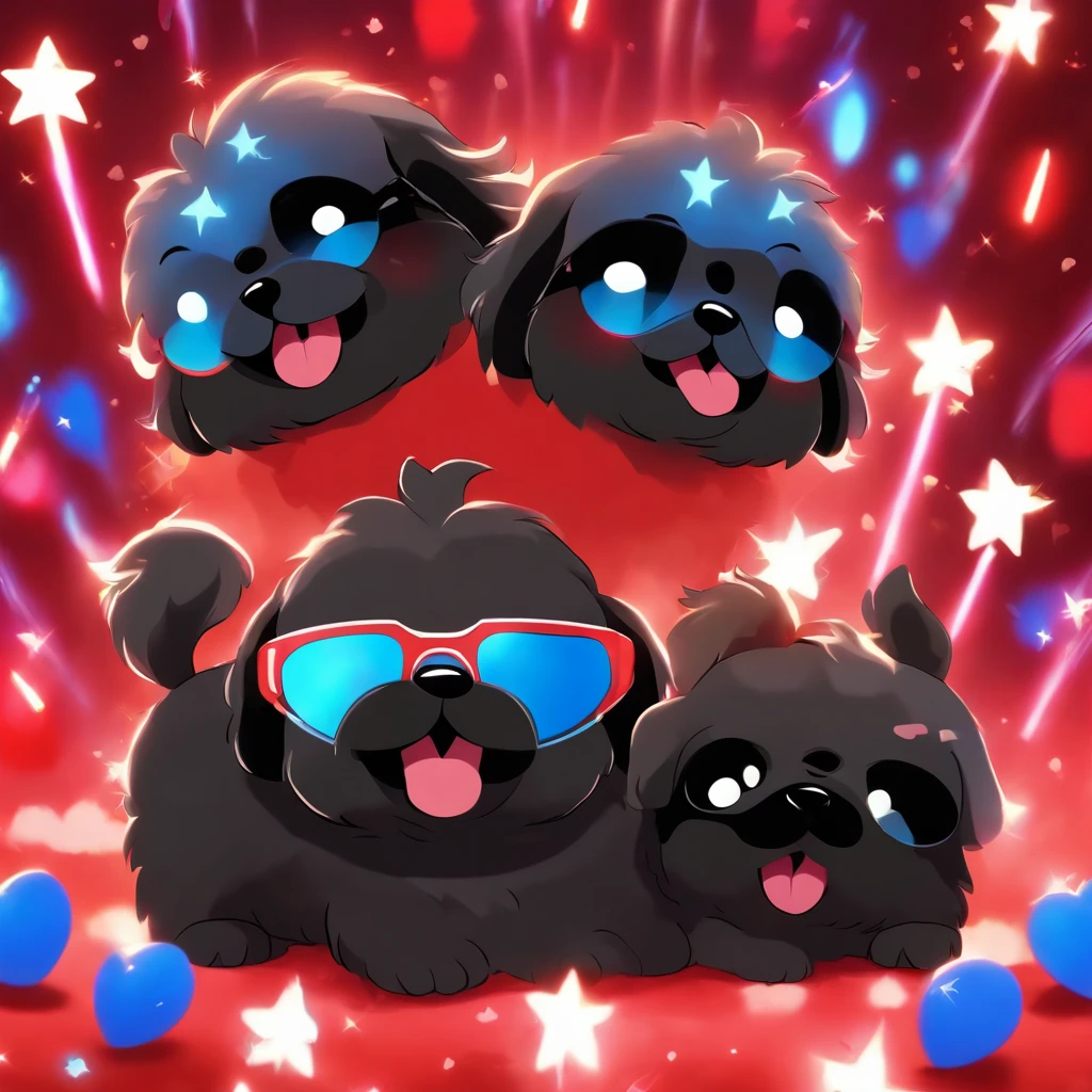 2 Adorable small happy black Shih Tzu puppies wearing sunglasses paw over heart picnic fireworks red white and blue background
Pixar 3D cartoon