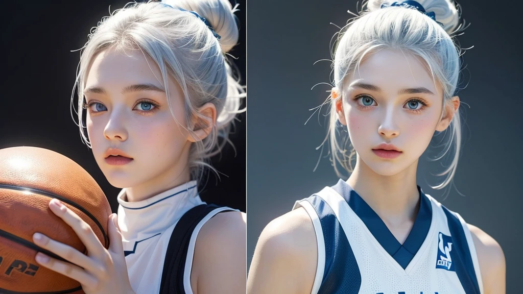 14 year old girl with white hair up, light blue eyes, White skin , small, upturned nose and very beautiful basketball player