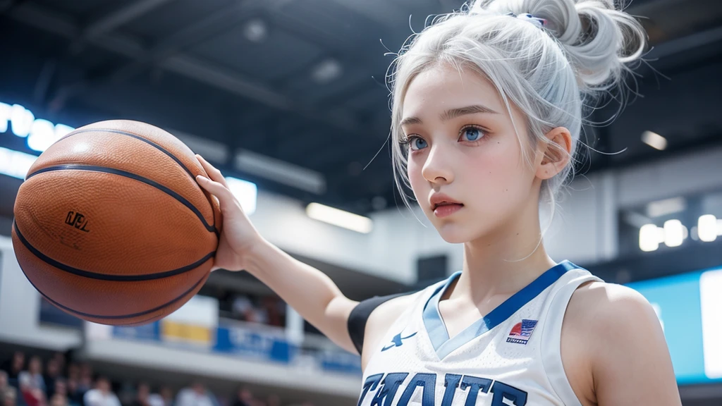 14 year old girl with white hair up, light blue eyes, White skin , small, upturned nose and very beautiful basketball player