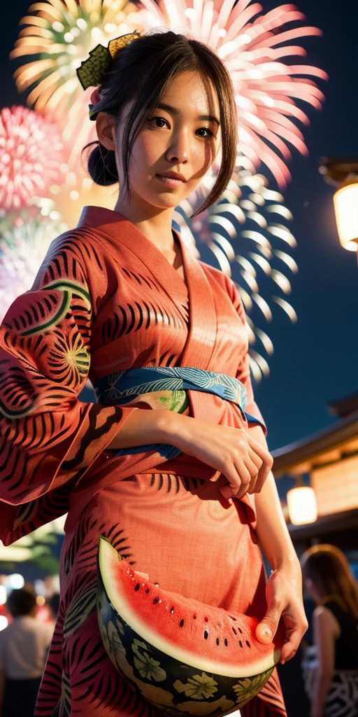 (fireworks), 1girl,(matsuri) (((Watermelon patterned yukata))), , (absurdres, highres, masterpiece), (night), vibrant colors, fluid colors, fine detailed beautiful face, ultra detailed, cowboy shot