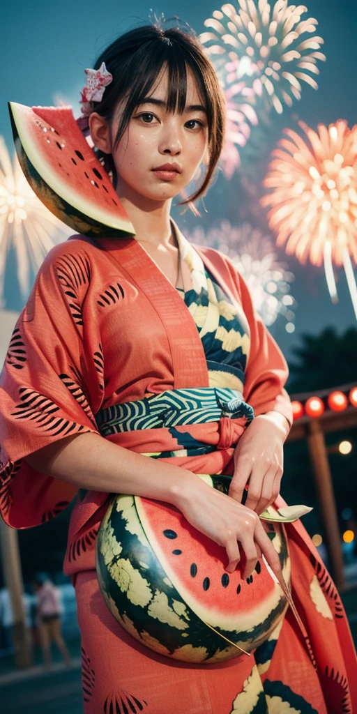(fireworks), 1girl,(matsuri) (((Watermelon patterned yukata))), , (absurdres, highres, masterpiece), (night), vibrant colors, fluid colors, fine detailed beautiful face, ultra detailed, cowboy shot
