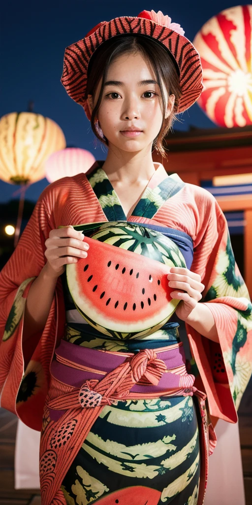 (fireworks), 1girl,(matsuri) (((Watermelon patterned yukata))), , (absurdres, highres, masterpiece), (night), vibrant colors, fluid colors, fine detailed beautiful face, ultra detailed, cowboy shot