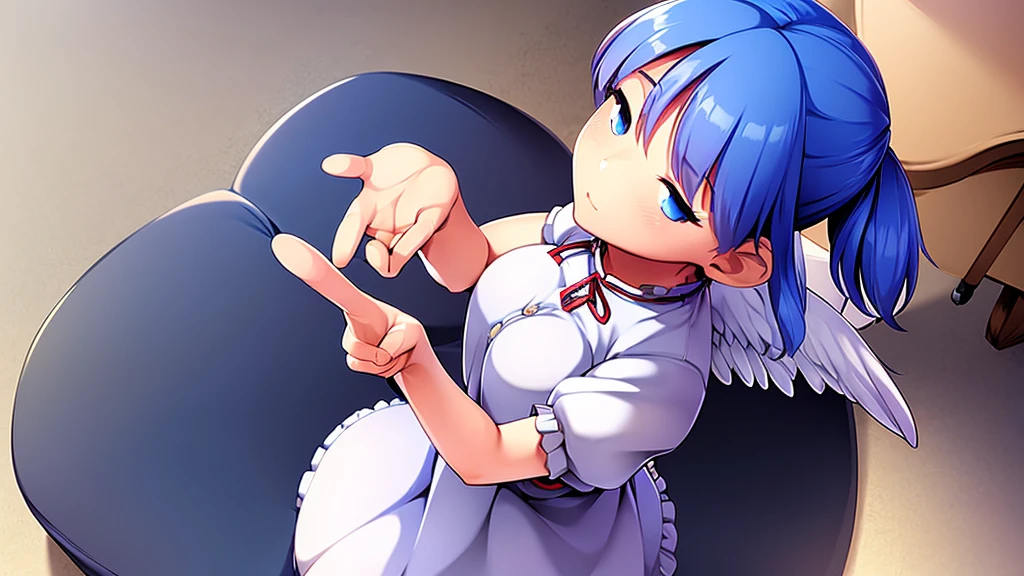 masterpiece, best quality, 1girl, , , 10 years old, medium blue hair, hair flaps, pink ribbon on head, well-formed face, blue eyes, angel girl, white blouse, puffy short sleeves, red ribbon, angel wings, long white skirt, red shoes, frills, ribbon head, from behind, to lift up one’s skirt, cowboy shot, from front, standing , raise one leg, crossed arms, arms up behind, arms behind back, hand between legs, put hands hip, one hand on hip, forward hands, arms raised in the air, punch hands, peace sign, waving, put up index finger, sit, lie down, closed eyes, lie face down, looking back, put one hand chest, leaning forward, cleavage, close up, horizontally outstretched arms, horizontally outstretched legs, front view, front face