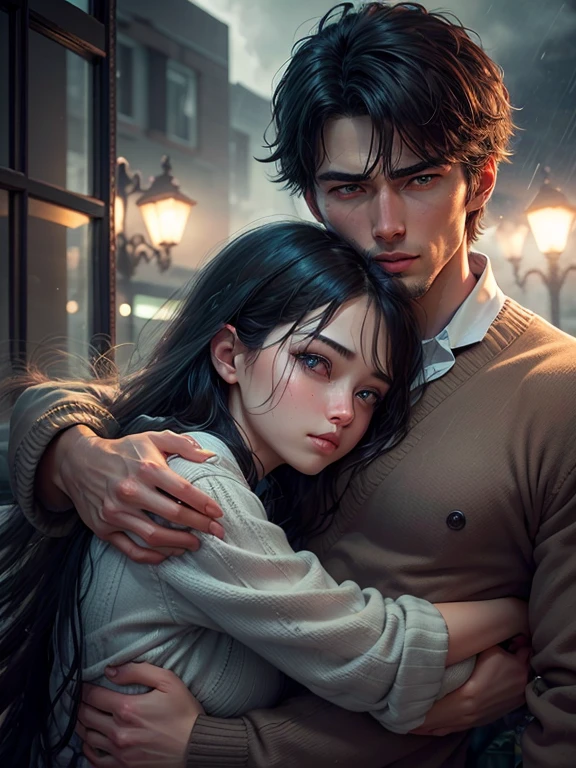 During a violent storm, a woman hug a handsome-cool-cute-man, as together they watch dark sky. In the midst of the chaos, they feel a calm, comforting presence.
Detail face, detail eyes, double eyelid