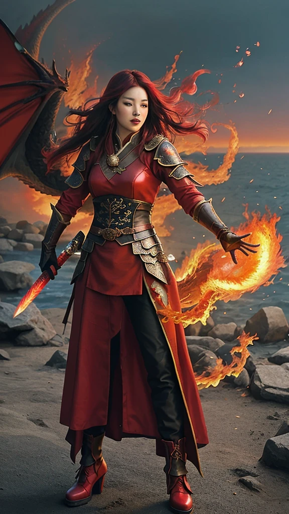 realistic photo of a woman, Asian face, fantasy warrior clothes, red, black, gloves, red shoes, long hair, wind blowing effect, fighting a large dragon monster, an orc with a flaming sword in her right hand, bright red and full lips. fire, flmngprsn, hand, holding, standing on island rock, stick medieval old style fashion front facing colored fire effect smoke background in sea of fire effects and realistic sparks masterpice ultra hd visible full body.