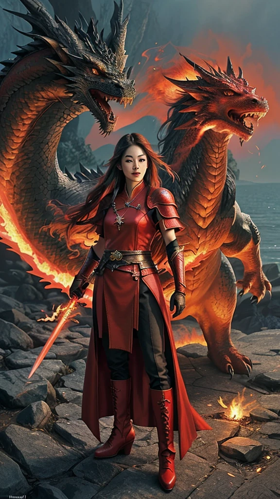 realistic photo of a woman, Asian face, fantasy warrior clothes, red, black, gloves, red shoes, long hair, wind blowing effect, fighting a large dragon monster, an orc with a flaming sword in her right hand, bright red and full lips. fire, flmngprsn, hand, holding, standing on island rock, stick medieval old style fashion front facing colored fire effect smoke background in sea of fire effects and realistic sparks masterpice ultra hd visible full body.