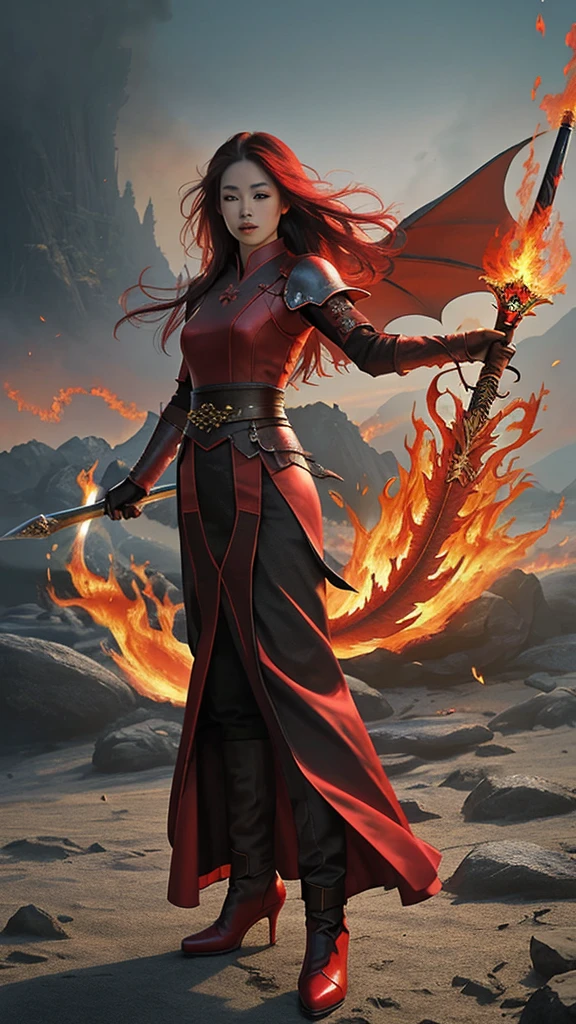 realistic photo of a woman, Asian face, fantasy warrior clothes, red, black, gloves, red shoes, long hair, wind blowing effect, fighting a large dragon monster, an orc with a flaming sword in her right hand, bright red and full lips. fire, flmngprsn, hand, holding, standing on island rock, stick medieval old style fashion front facing colored fire effect smoke background in sea of fire effects and realistic sparks masterpice ultra hd visible full body.