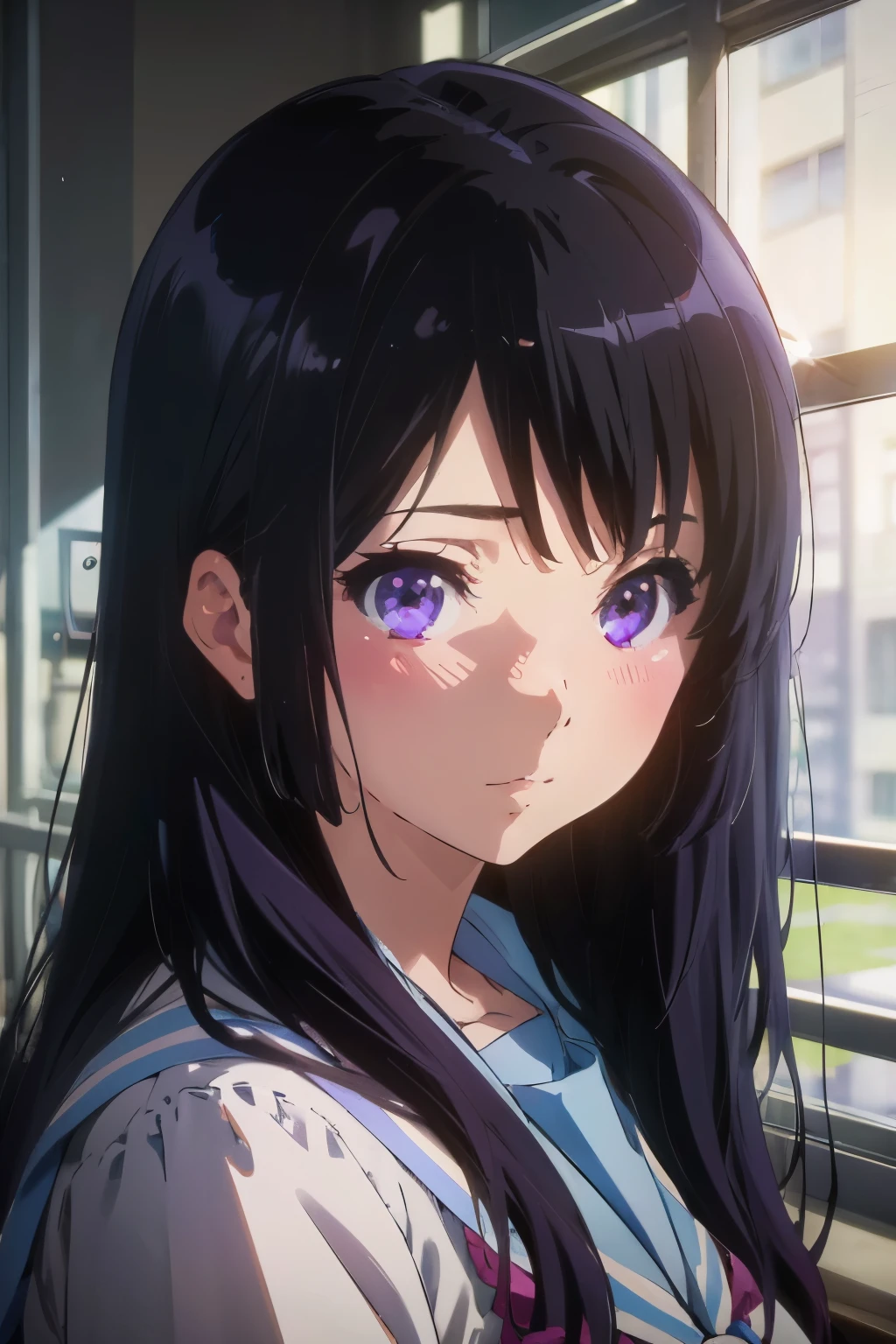 (Best image quality, 8K, high quality, High detail,masterpiece:1.2)、Queen kousaka,kousaka_Queen_soundeuphonium,black_hair, long_hair, purple_eyes, blush, bangs, closed_mouth, serafuku, blurry,Eye Light、Face Light、Sparkling Eyes、solo、1 girl、Look at the viewer、sketch、Flat Color、、anime、animeカラーリング、(In a school classroom:1.3)、Look at the viewer、smile、Random pose、(Blur the background:1.3)、Upper Body、Cover your subject all over
