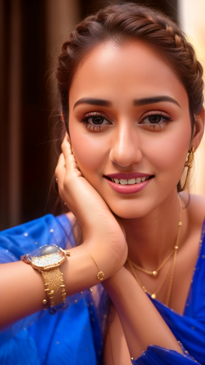 hires close up portrait photo of disha patani woman, outdoors, realistic skin texture, smiling, looking looking at viewer, high collar dress, smiling, night time, beautiful bokeh   