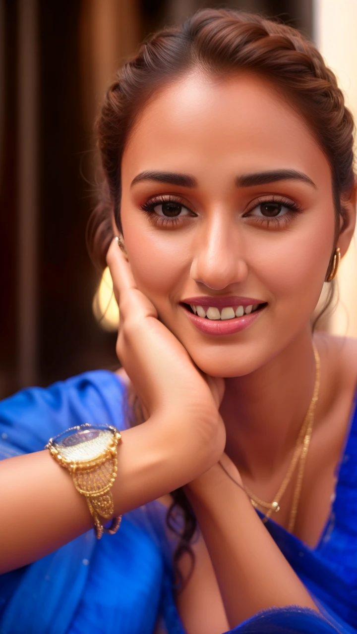 hires close up portrait photo of disha patani woman, outdoors, realistic skin texture, smiling, looking looking at viewer, high collar dress, smiling, night time, beautiful bokeh   