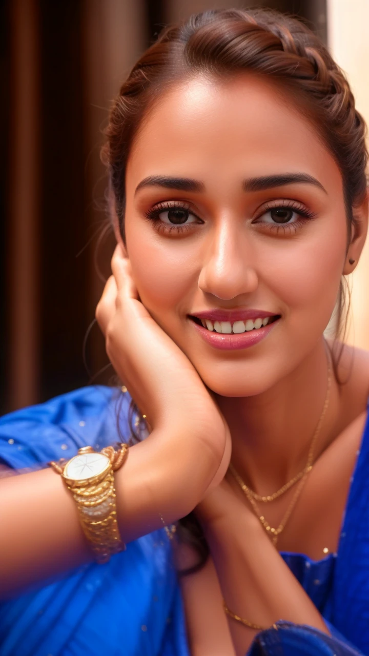 hires close up portrait photo of disha patani woman, outdoors, realistic skin texture, smiling, looking looking at viewer, high collar dress, smiling, night time, beautiful bokeh   