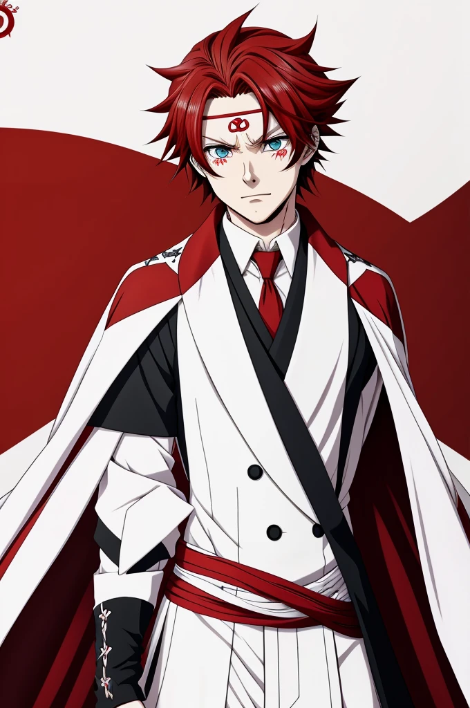 Kimetsu no yaiba style anime male character with white and red hair, YOUNG, a scar on the eye, bicolor eyes, one red and one white, with fangs and a demonic suit
