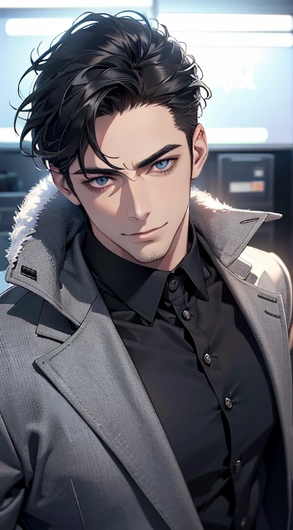 (best quality,4k,8k,highres,masterpiece:1.2),ultra-detailed,(realistic,photorealistic,photo-realistic:1.37),1 man,31 years old,mature man,very handsome,without expression,smile,short grey black hair,blue eyes,penetrating gaze,perfect face without errors,imposing posture,businessman,office background,cinematic lighting,hdr image