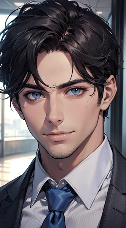 (best quality,4k,8k,highres,masterpiece:1.2),ultra-detailed,(realistic,photorealistic,photo-realistic:1.37),1 man,31 years old,mature man,very handsome,without expression,smile,short grey black hair,blue eyes,penetrating gaze,perfect face without errors,imposing posture,businessman,office background,cinematic lighting,hdr image