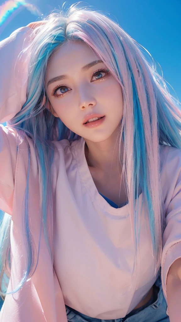 Background,(((blue Sky))) ,(((from below,))) 20-year-old woman,smile,((( Platinum-coloured hair, Medium length hair,Hair with pink gradation at the ends,))) ((pale red eyes,)) Dark Theme, Calm tone, Calm colors, High Contrast, (Natural skin texture, Hyperrealism, Soft Light, sharp)smile,Large size white raincoat, shorts
