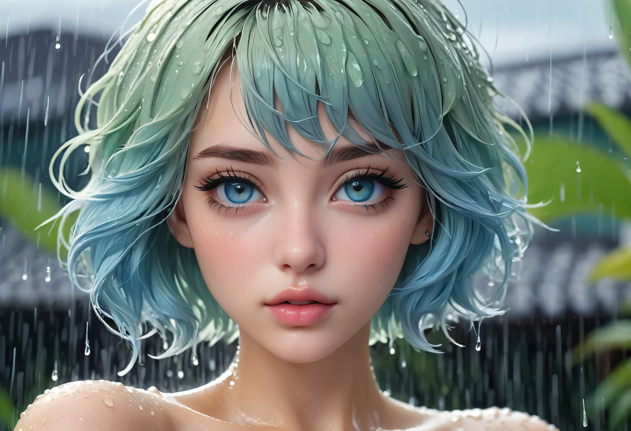 (best quality, masterpiece :1.3), pretty Woman, 1 girl, (Large Breasts, Beautiful clavicle, Attractive figure :1.2), short hair, Wavy ends, blonde hair gradient blue hair, messy hair, single sidelock, (wet from rain, get wet by rain, wet :1.2), Sky blue gradient emerald eyes, pupils reflect surroundings, super detailed face, delicate lips, exquisite eyes, double eyelids, long upper eyelashes, upturned eyes, pupils sparkling, 16k, high details