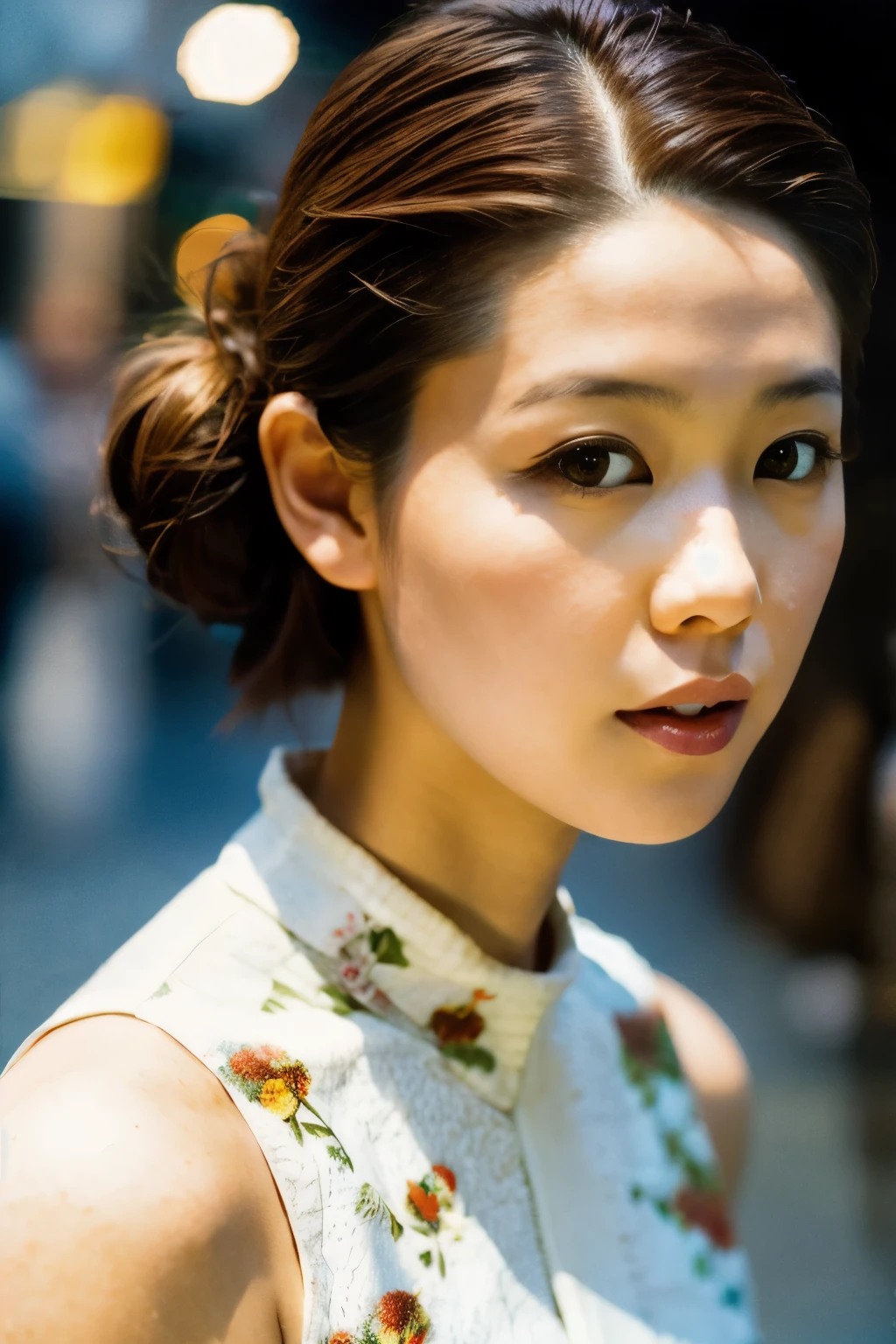 photoshoot by deborahWolf1, A skinny Japanese woman, (brown hair), (hair with elegant bun), cute face, detailed face, detailed eyes, detailed skin texture, (blush:0.2), (goosebumps:0.3), (White floral dress), underground scattering, Photorealistic, Hyperrealistic, hyperdetailed, analog style , tilted hip, demure, detailed skin, matte skin, soft lighting, subterranean scattering, realistic, heavy shadow, artwork, Best quality, ultra realistic, 8k, golden ratio, intricate, high detail, film photography, soft focus, stem, (({full|upper} body photo))