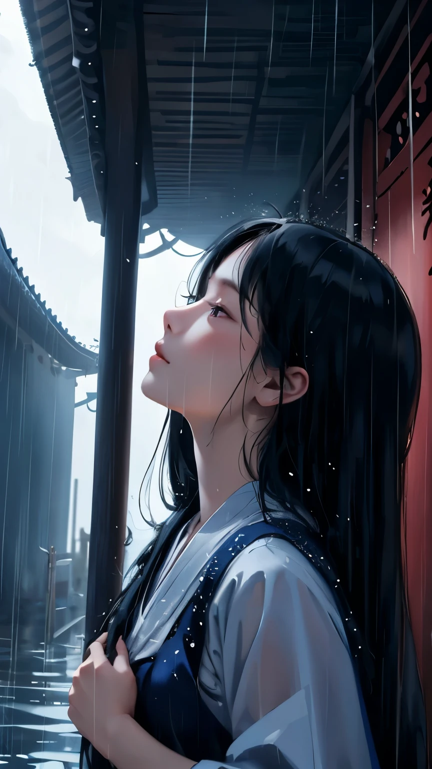 Master Painting、Optimal quality、downpour、woman、Long Black Hair、Looking up at the sky、Upper Body、Shrine maiden、Asian、high school girl、Eaves、Rain-soaked hair