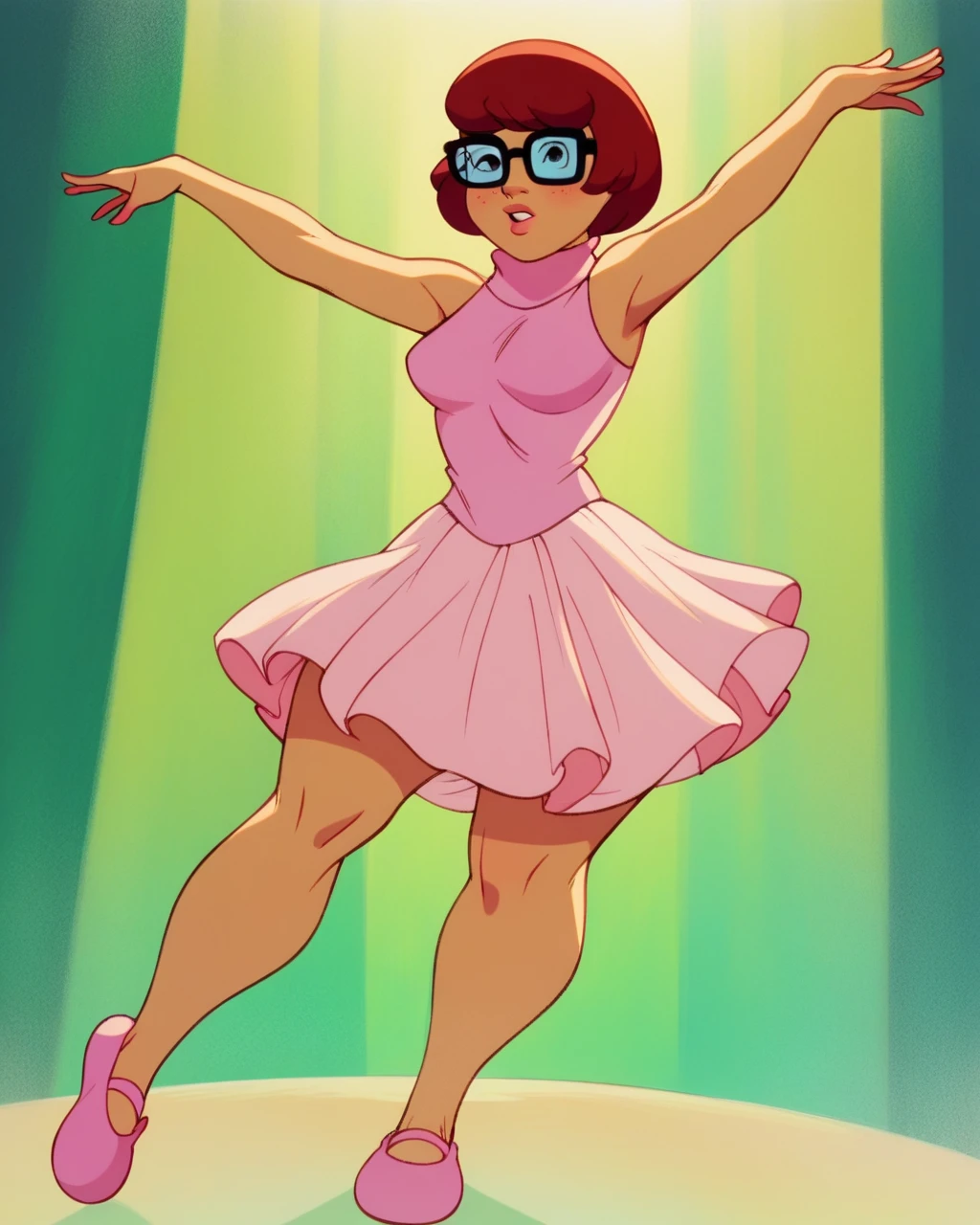 velmaXL, pink tutu dress, shy, legs together, ballet slippers, thicc thighs, front view, dancing, solo, white panties, 2D cartoon, sleeveless top, glasses